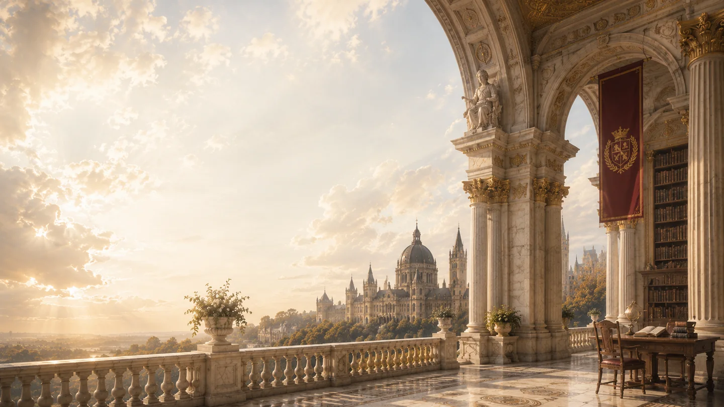 A scholarly terrace overlooking a university landscape at golden hour.