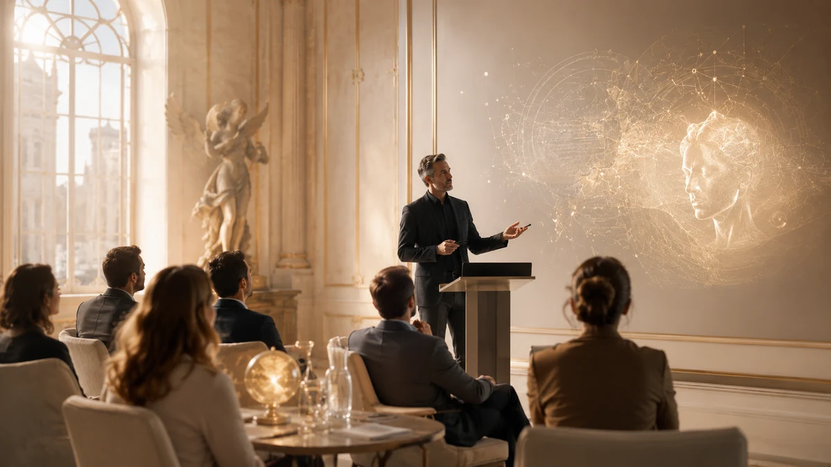 AFA-style learning environment with a presenter guiding an institutional audience through AI concepts.