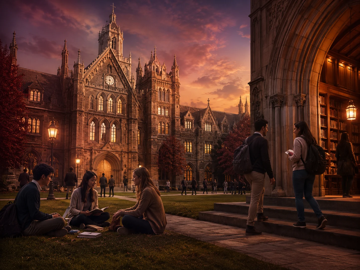 Campus universitaire historique dans une lumière savante.
